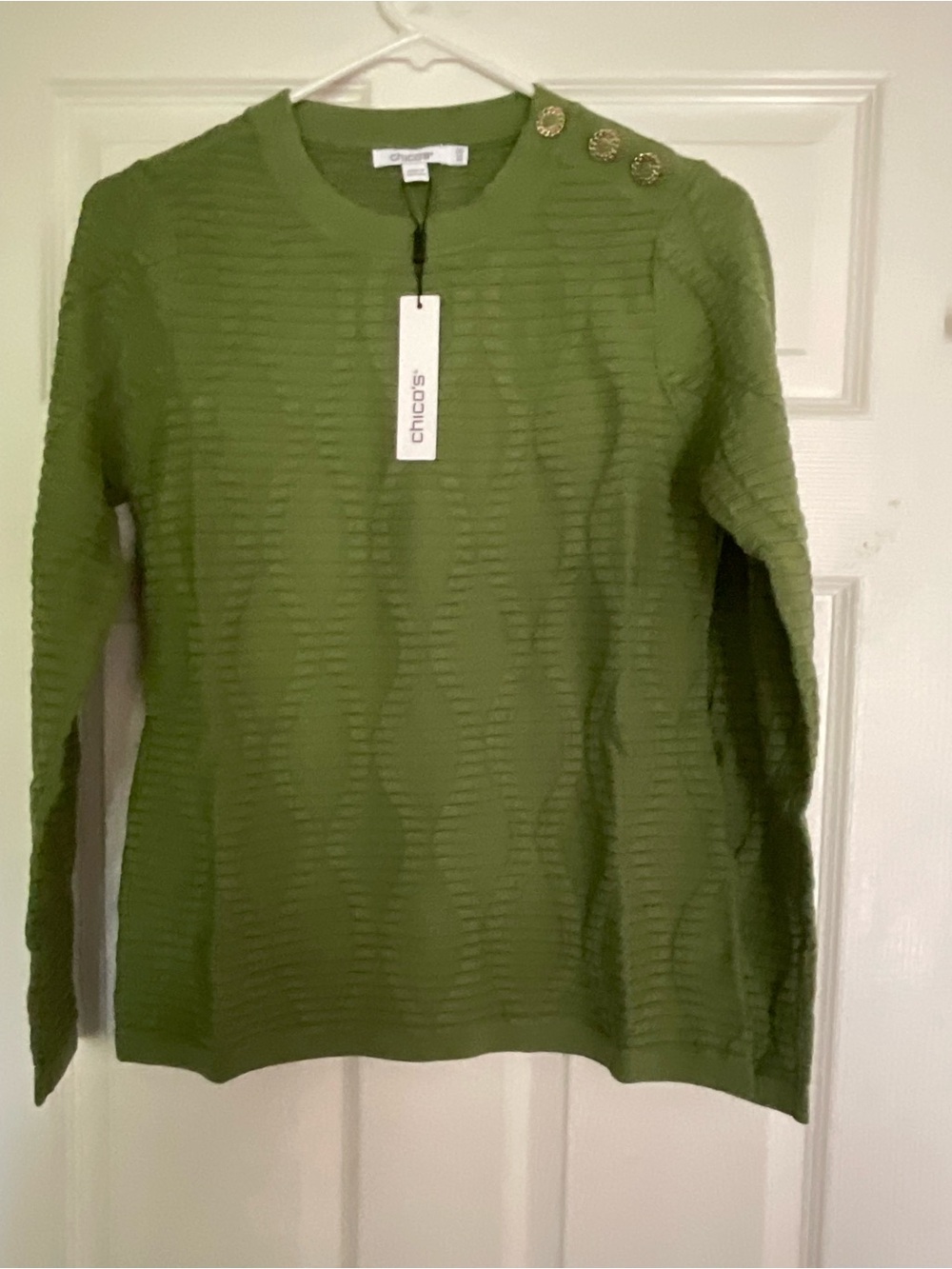 Chico's Olive Green Textured Crewneck Sweater with Shoulder Buttons
